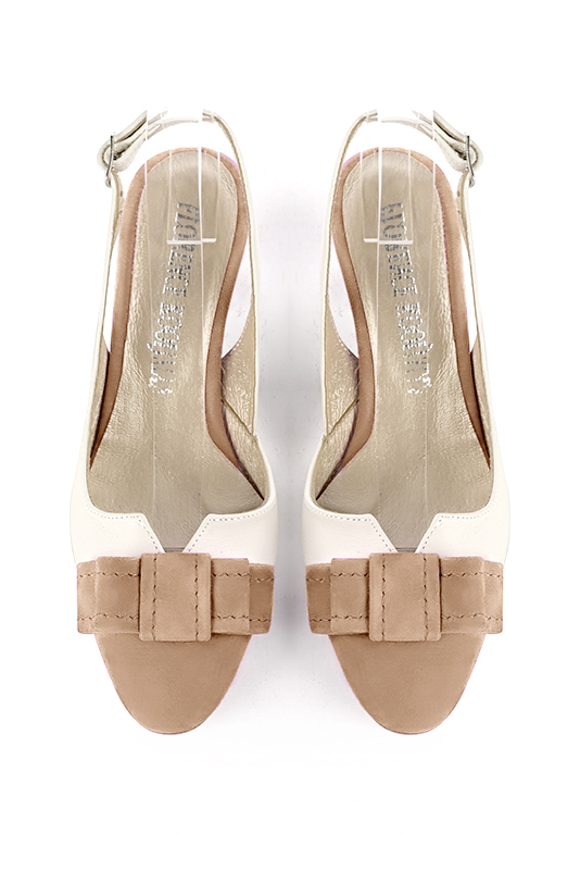 Tan beige and off white women's open back shoes, with a knot. Round toe. Medium block heels. Top view - Florence KOOIJMAN